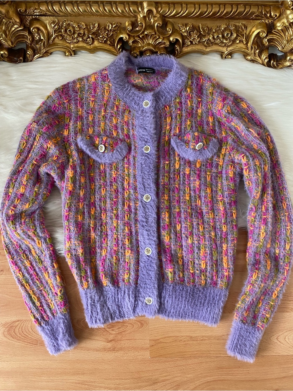 SHEIN Knit Fuzzy Trim Button Down Sweater